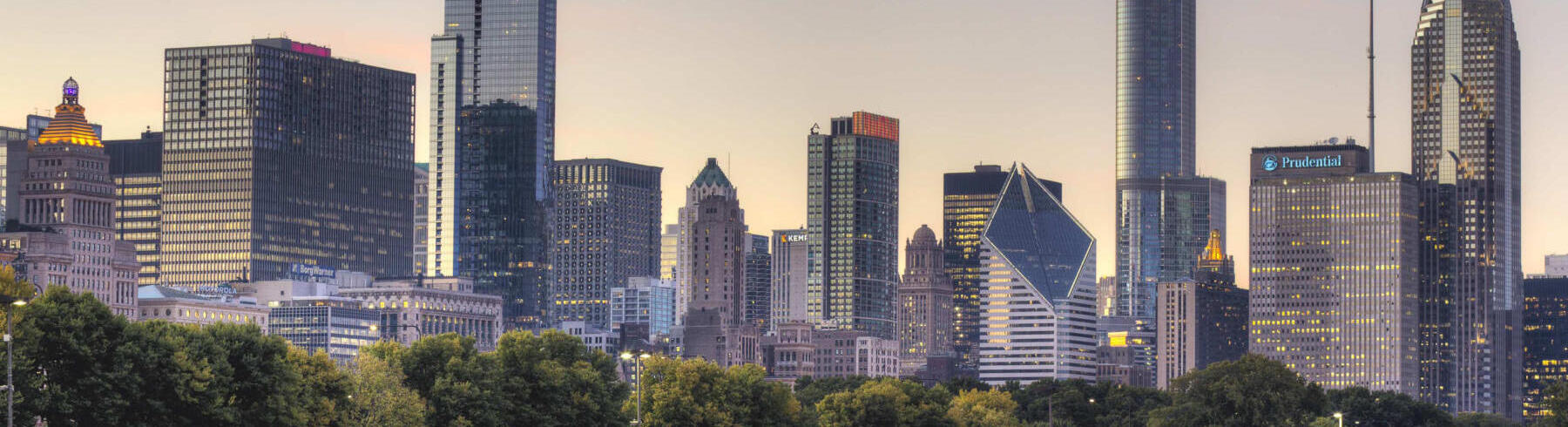 A skyline view of downtown Chicago with Lake Michigan in the foreground. Used to promote Chicago as a meetings destination.