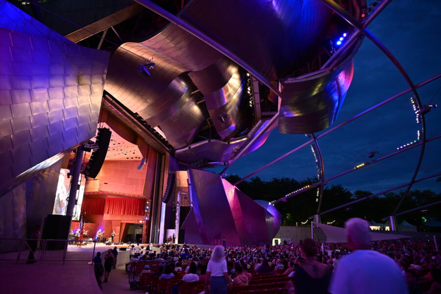 Chicago Jazz Festival stage lit up at night